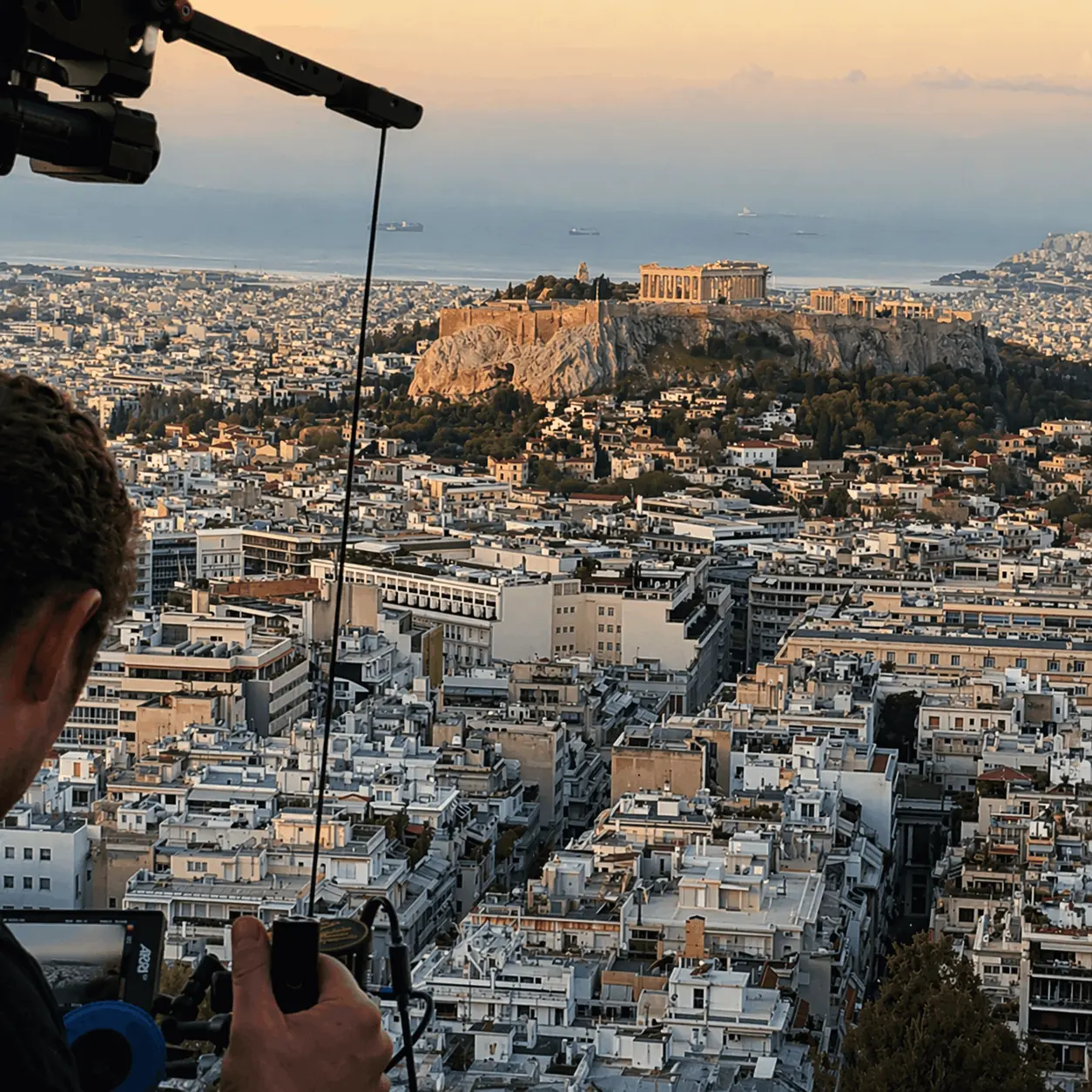 Athens production setup overlooking the Acropolis and the city