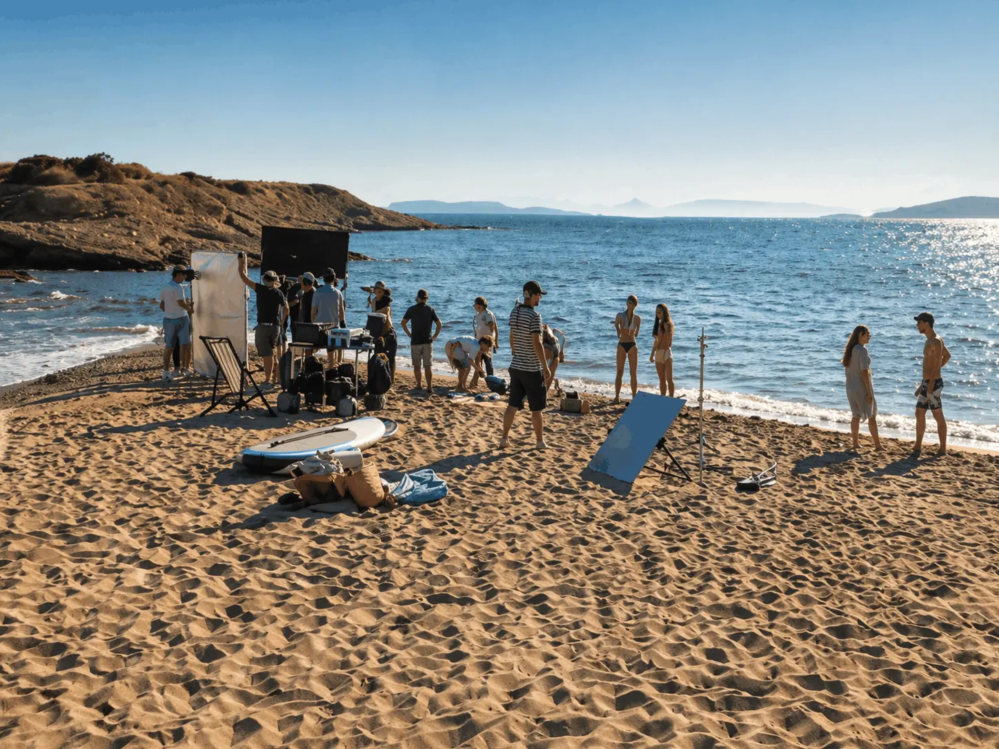 Beach filming setup in Greece